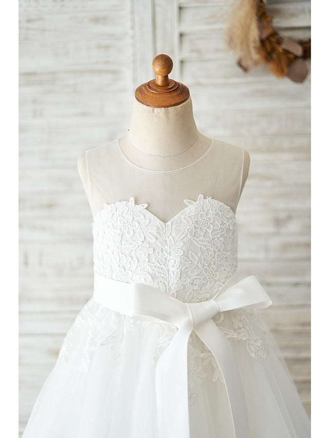 White Ball Gown Sleeveless Short Tulle Birthday Flower Girl Dresses