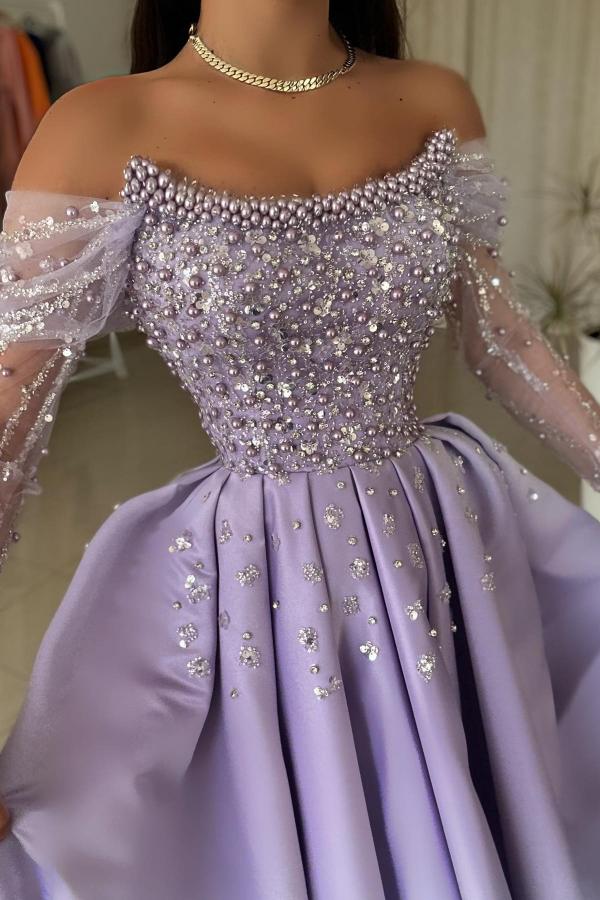 Off The Shoulder Long Sleeve A-Line Satin Prom Dress with Beads