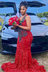 Sparkle Long Appliques Beaded V-Neck Mermaid Sequin Prom Dress