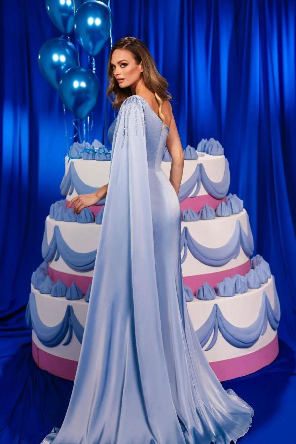 Long Mermaid One Shoulder Ruffle Satin Front Slit Formal Prom Dresses with Cape