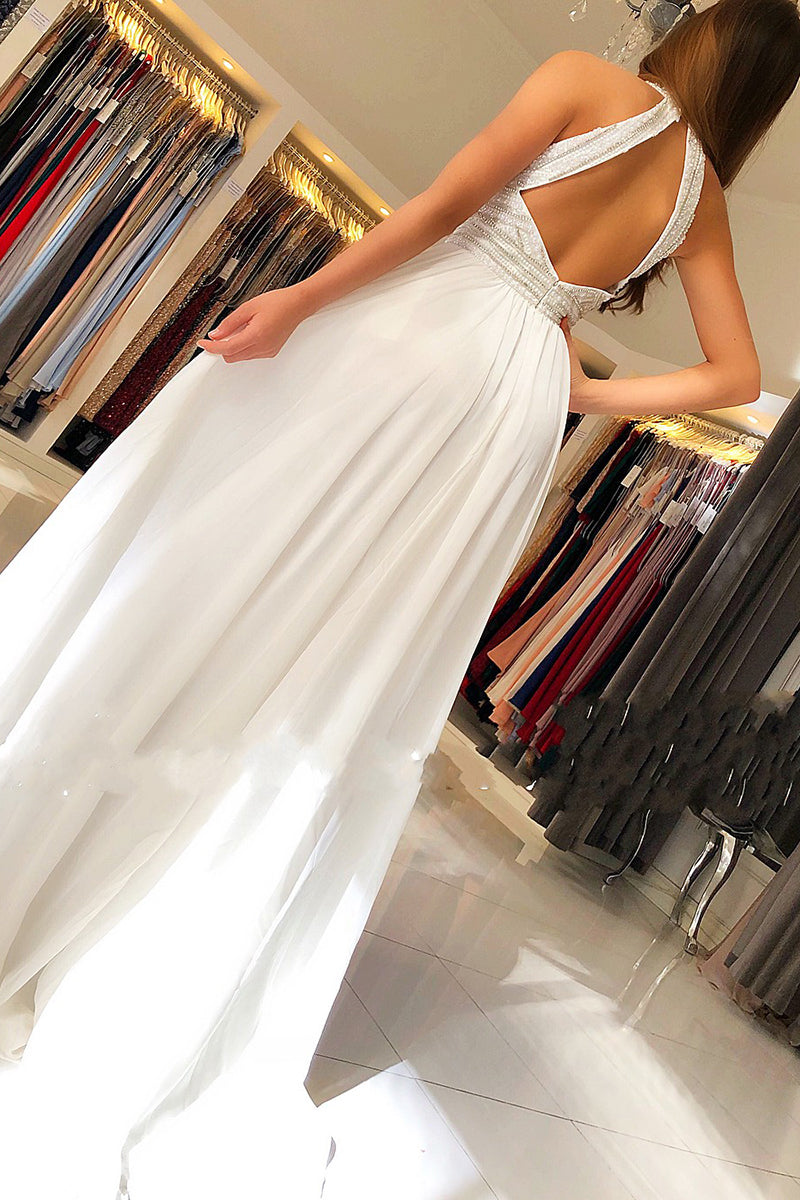 Long Halter Beading Keyhole Backless A-Line Prom Dress With Side Slit