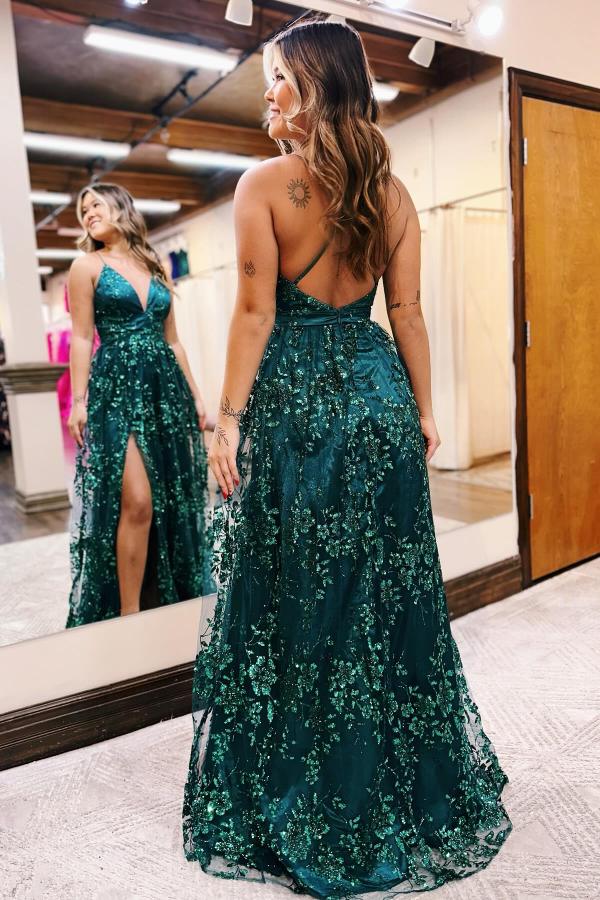 Long A-line V-neck Spaghetti Straps Sleeveless Backless Prom Dresses with Slit