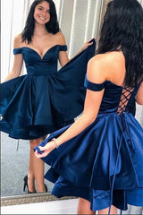 Simple A-line Sweetheart Off the Shoulder Backless Satin Ruffles Short Homecoming Dresses