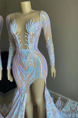 Long Sleeves Mermaid V-neck Sparkle Sequin High Split Prom Dresses