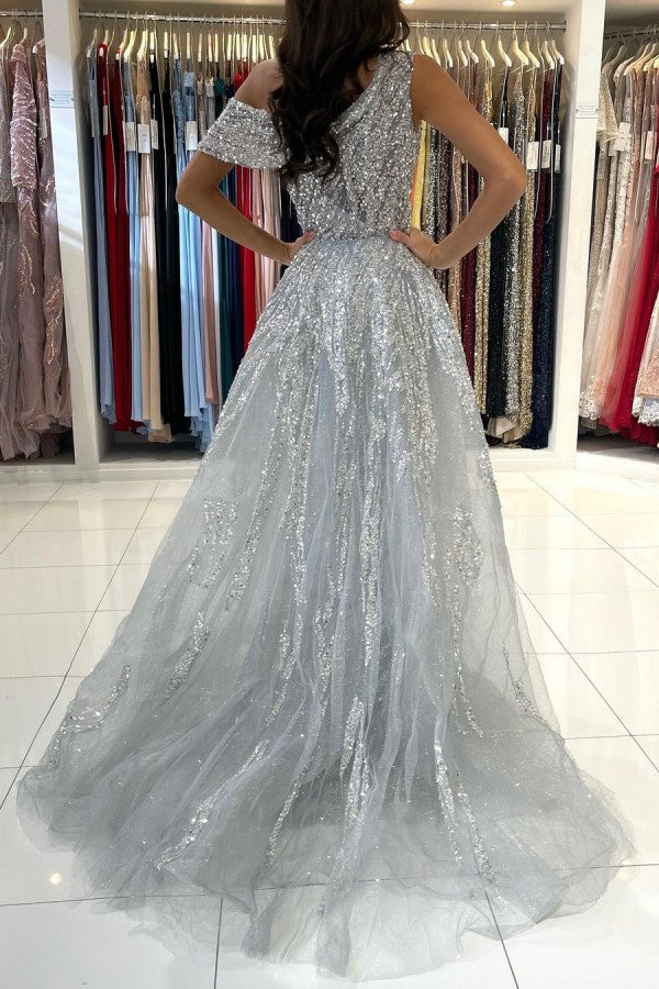 Silver Long Mermaid One Shoulder Glitter Tulle Formal Prom Dresses
