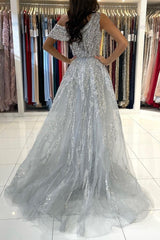 Silver Long Mermaid One Shoulder Glitter Tulle Formal Prom Dresses