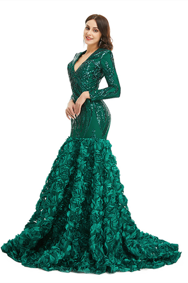 Charming Long Mermaid V-neck Satin Lace Formal Dress with Sleeves
