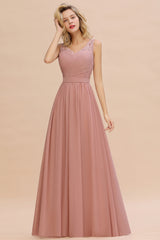 Long A Line Chiffon Sleeveless Lace Bridesmaid Dress with Ruffle