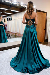 Royal Blue Long A-line V-neck Fornt Slit Backless Prom Dresses with Pockets
