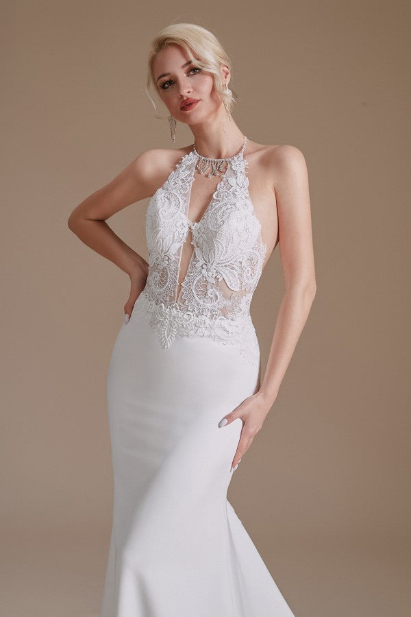 Long Mermaid Halter Backless Satin Wedding Dresses with Appliques Lace
