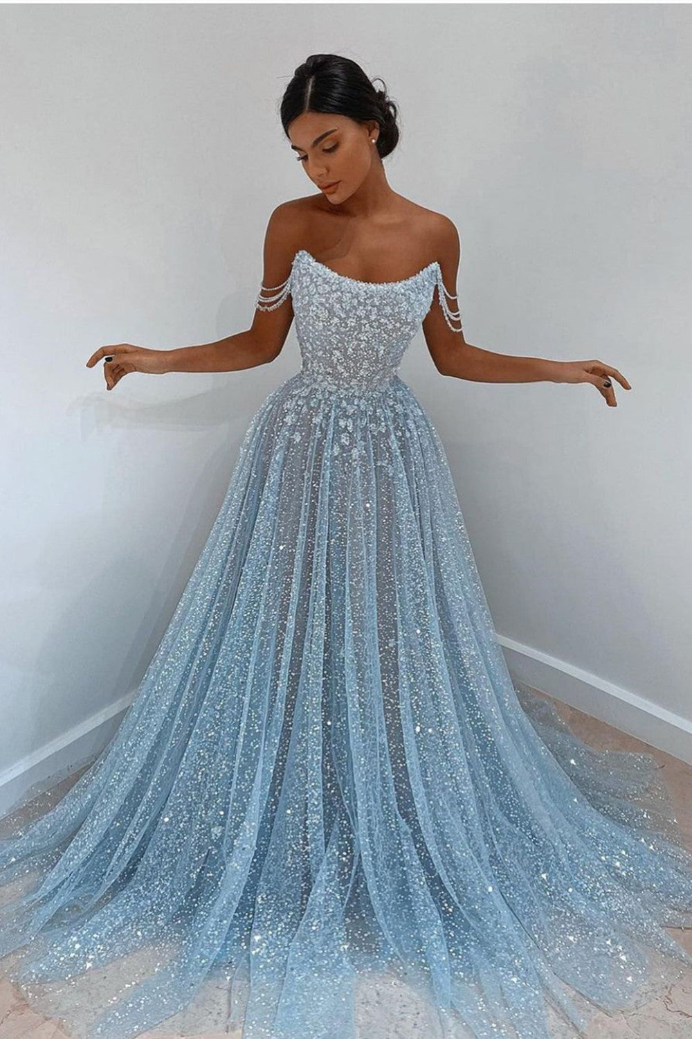 Long A-line Sparkly Sleeveless Sequined Formal Prom Dress