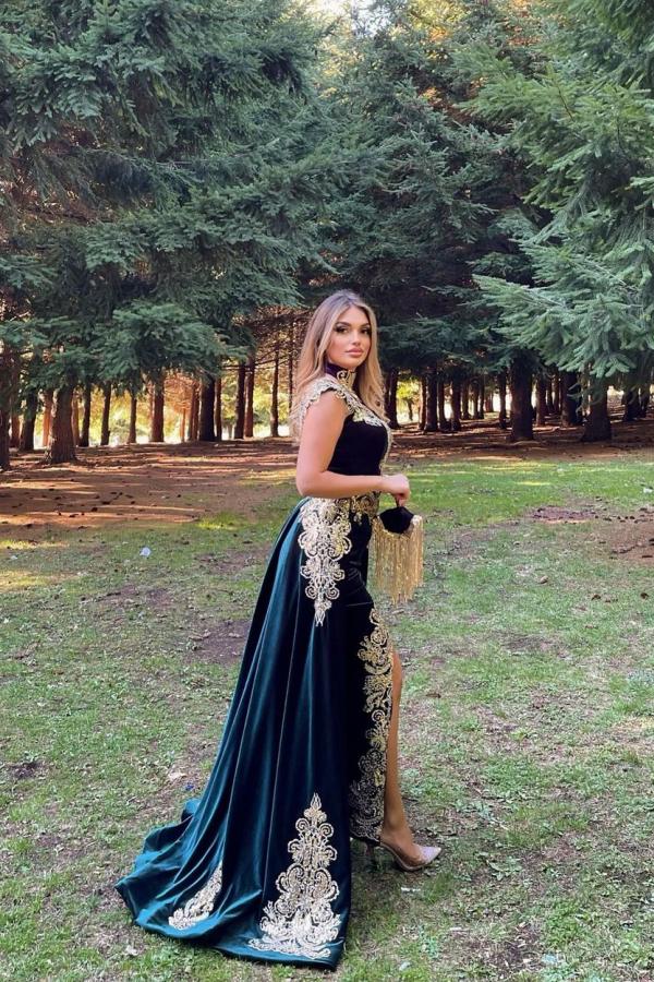 Modest Long Mermaid Velvet Side Slit Formal Dress with Detachable Train