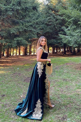 Modest Long Mermaid Velvet Side Slit Formal Dress with Detachable Train