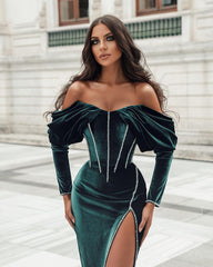 Stylish Long Sleeves Mermaid Off the Shoulder Velvet Formal Prom Dress with Slit