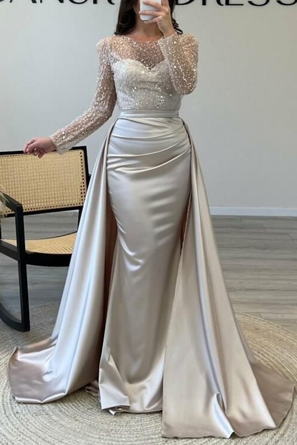 Elegant Long Mermaid Satin Sequined Formal Evening Dresses with Sleeves