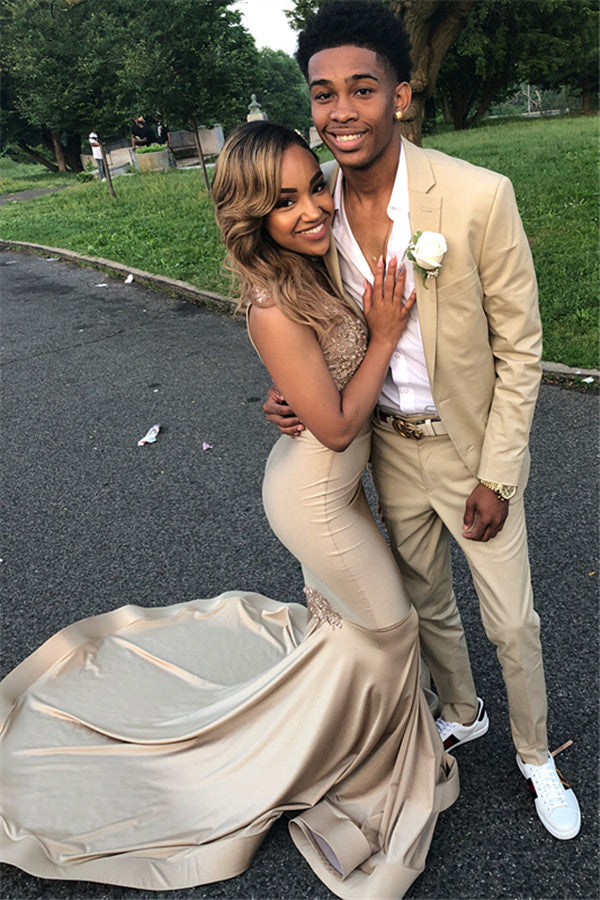 Two Piece Long Mermaid V-neck Appliques Lace Prom Dress