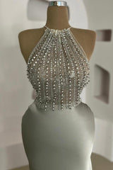 Long Mermaid Halter Lace Satin Sleeveless Beading Prom Dresses