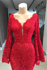 Red V-neck Long Sleeves Lace Floor Length Mermaid Prom Dress