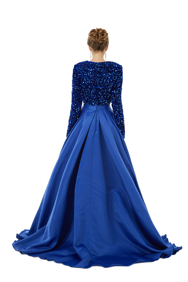 Charming Long Sleeves A-line V-neck Satin Beading Formal Dress With Slit