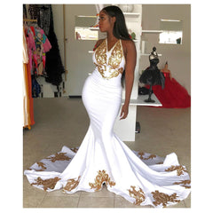 Long Halter Appliques Mermaid White Prom Dress