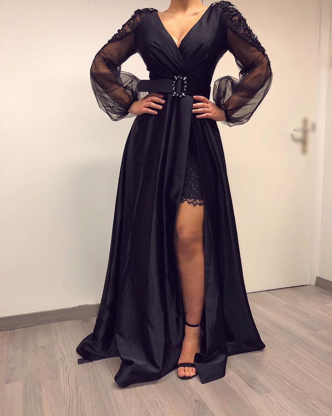 Black A-line Floor Length V-neck Long Sleeve Backless Satin Beading Prom Dress With Slit