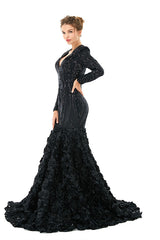 Charming Long Mermaid V-neck Satin Lace Formal Dress with Sleeves