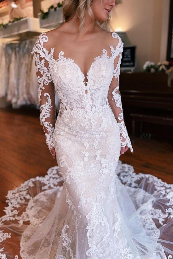 Long Mermaid Sweetheart Tulle Lace Long Sleeves Wedding Dress With Appliques
