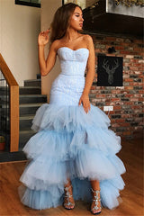 Long Strapless Tulle Mermaid Sky Blue Formal Prom Dress