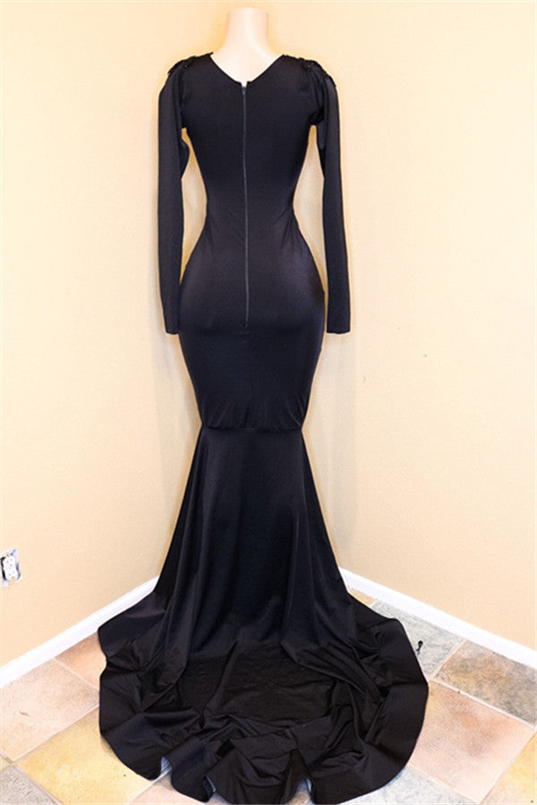 Black Long Memaid V-neck Appliques Lace Prom Dress with Sleeves