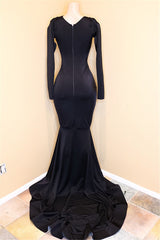 Black Long Memaid V-neck Appliques Lace Prom Dress with Sleeves