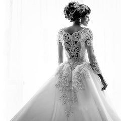 Long Mermaid Beads Lace Appliques Long Sleeve Wedding Dresses with Overskirt