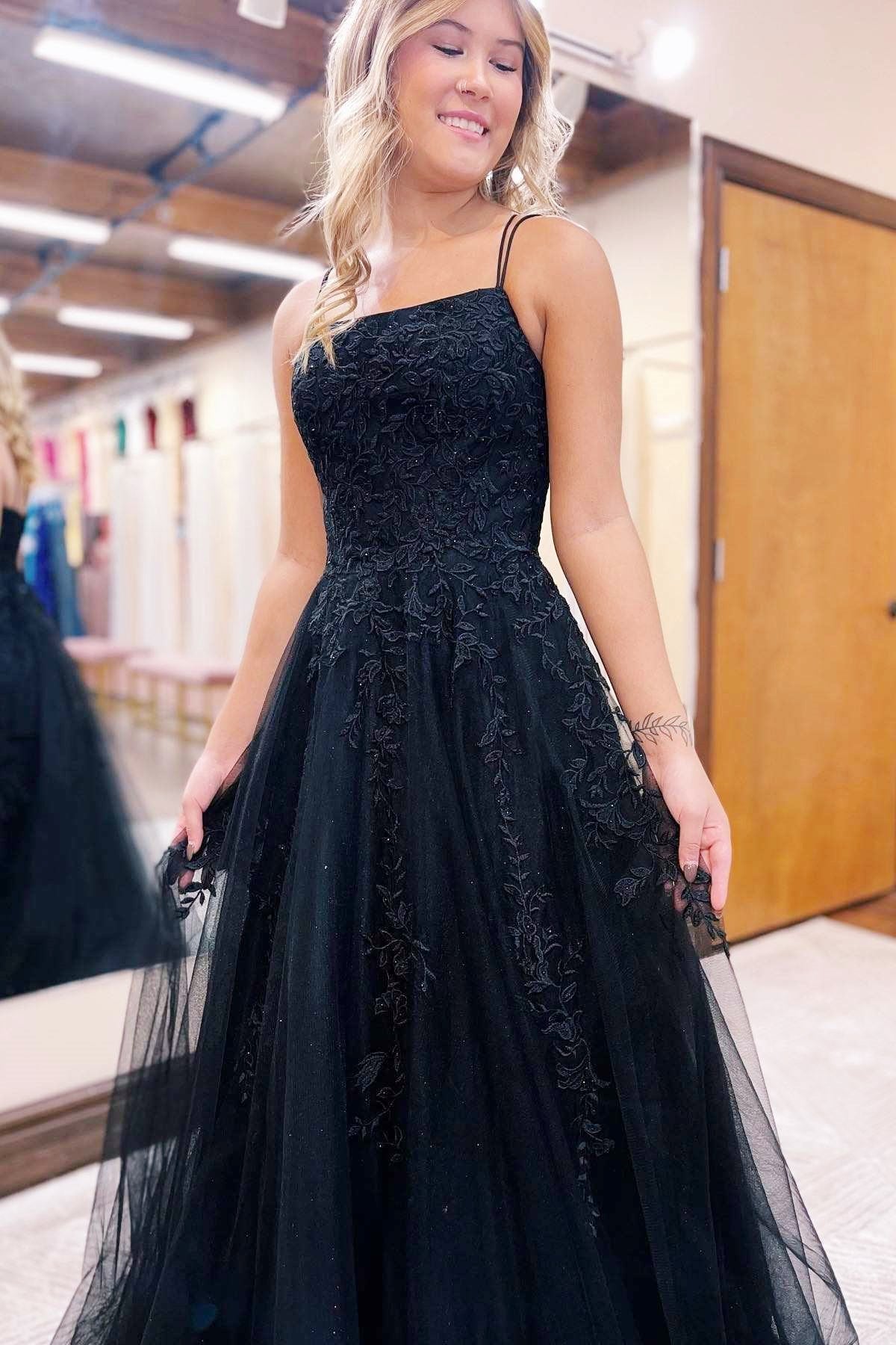 Black Long Spaghetti Straps A-Line Tulle Backless Appliques Lace Prom Dress