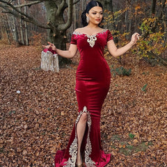 Long Mermaid Off the Shoulder Velvet Side Slit Formal Evening Dress with Detachable Train
