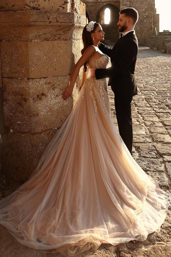 Beautiful Champagne A-Line Sweetheart Sleeveless Long Beading Wedding Dress with High Split