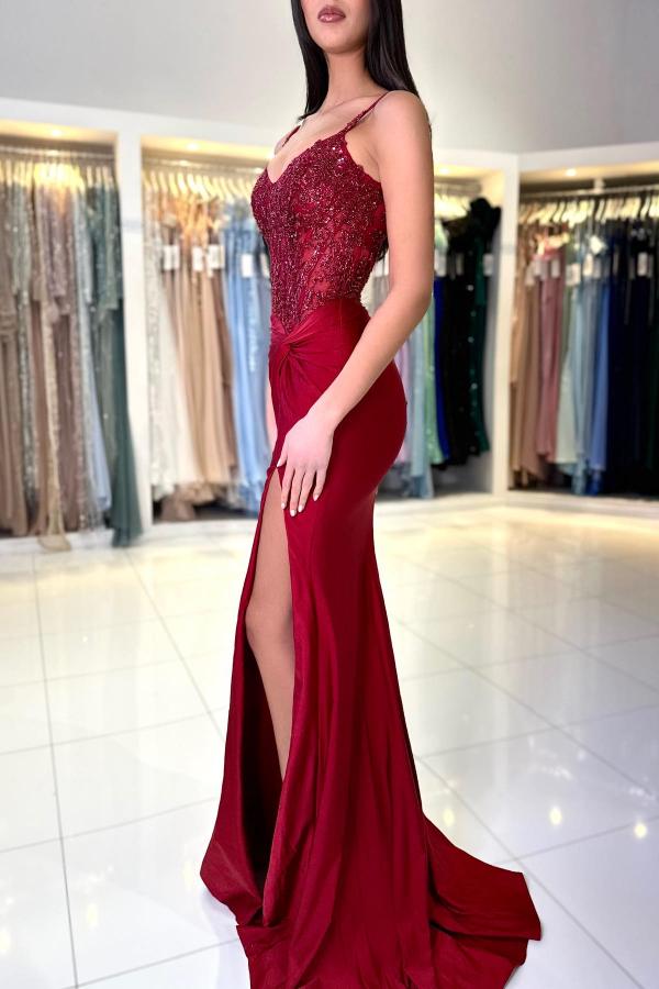 Burgundy Long Mermaid Sweetheart Satin Lace Prom Dresses with Slit