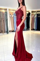 Burgundy Long Mermaid Sweetheart Satin Lace Prom Dresses with Slit