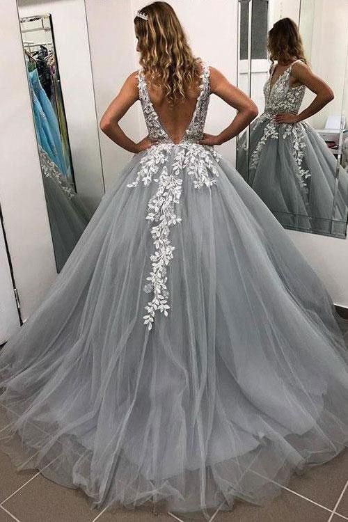 Long V-neck Spaghetti Straps Tulle Open Back Prom Dress