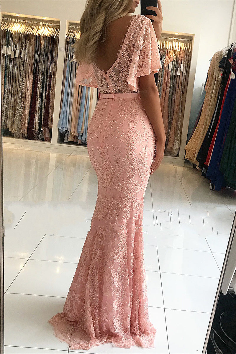 V-neck Backless Short Sleeves Beading Lace Mermaid Floor Length Prom Dress