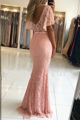 V-neck Backless Short Sleeves Beading Lace Mermaid Floor Length Prom Dress