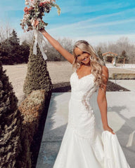 Sexy Long Spaghetti Straps V-neck Appliques Lace Floor Length Mermaid Wedding Dress