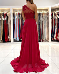 Long A-Line One Shoulder Appliques Lace Ruffles Chiffon Prom Dress With Slit