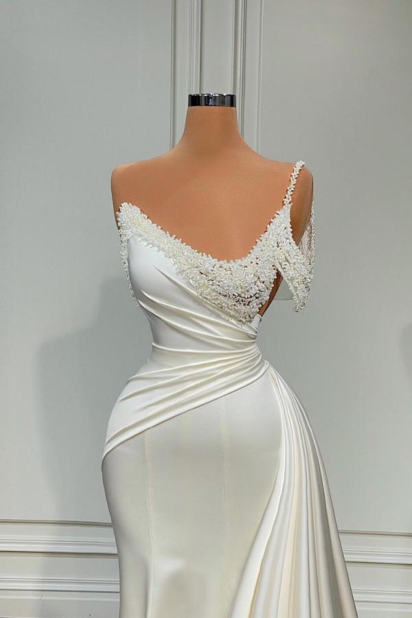 Elegant Long Mermaid One Shoulder Satin Prom Dresses with Beading