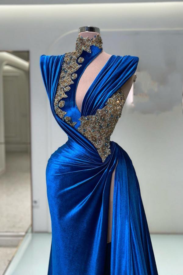 Royal Blue Mermaid Halter Satin Long Appliques Prom Dresses with Split
