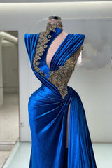 Royal Blue Mermaid Halter Satin Long Appliques Prom Dresses with Split