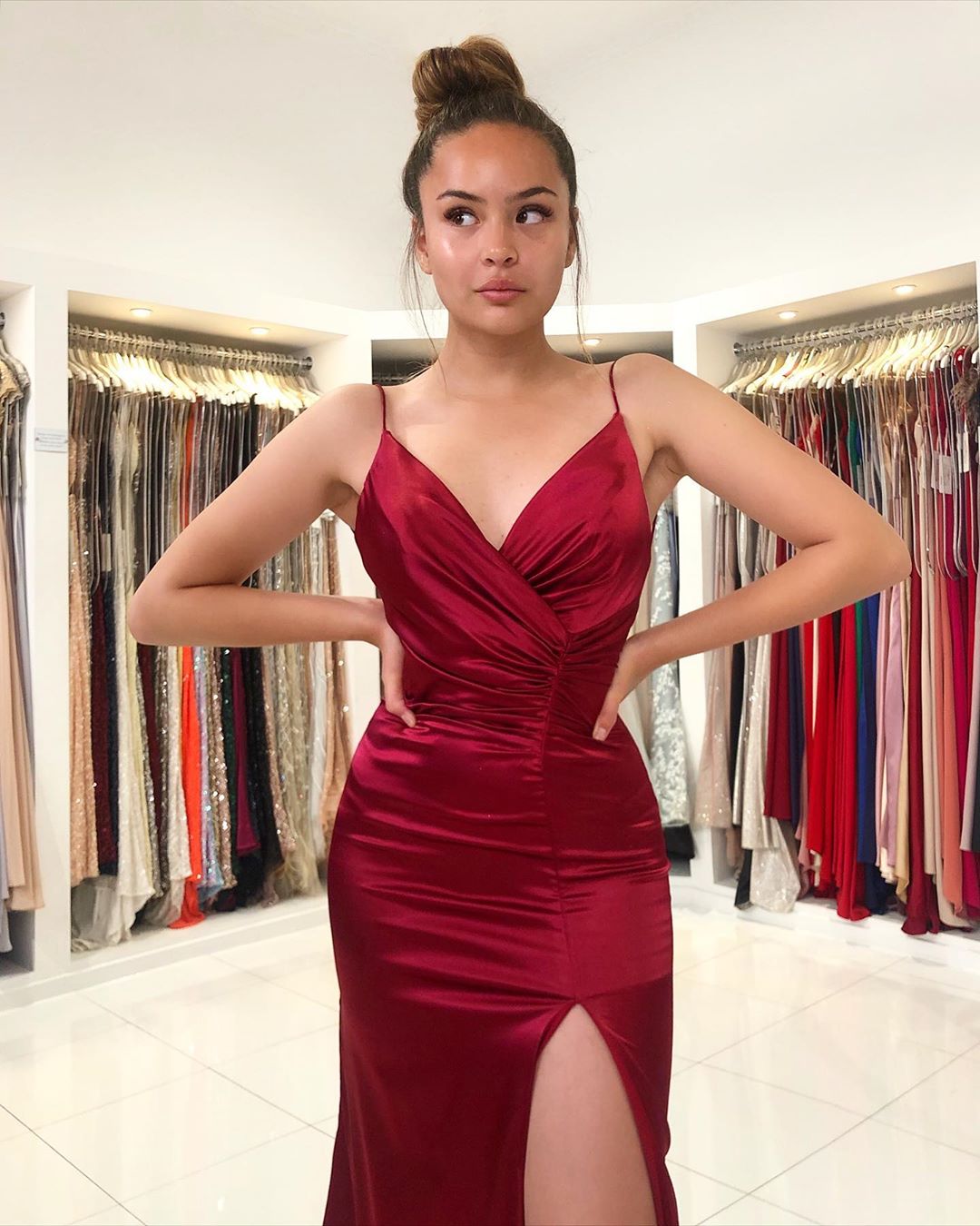 Burgundy Long V-neck Spaghetti Straps Backless Mermaid Prom Dress With Split