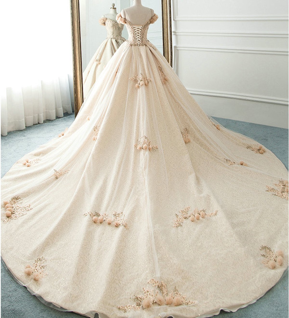Ball Gown Long Champagne Lace Off Shoulder Court Train Beaded Wedding Dress