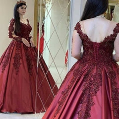 Gorgeous Burgundy Appliques V-neck Long Sleeve Ball Gown Prom Dresses