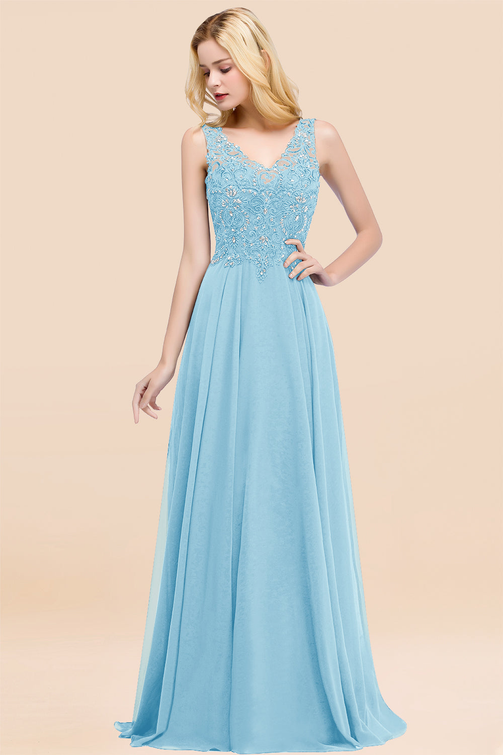 Dusty Rose Lace V-Neck Long Bridesmaid Dresses With Appliques
