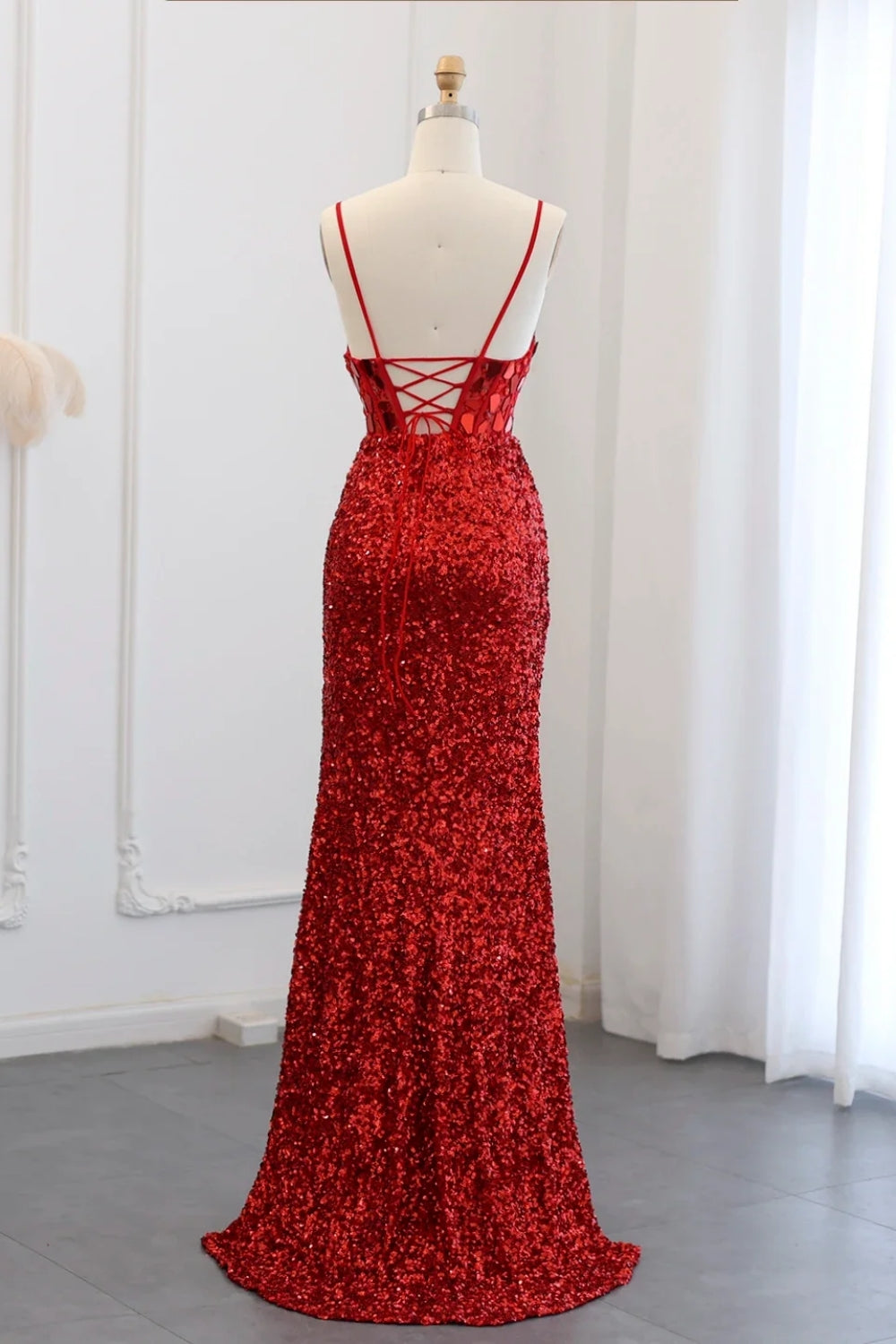 Sparkly Spaghetti Straps Mermaid Backless Split Front Prom Dress with Sequins