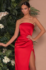 Sexy Long Mermaid Strapless Satin Formal Prom Dress with Slit